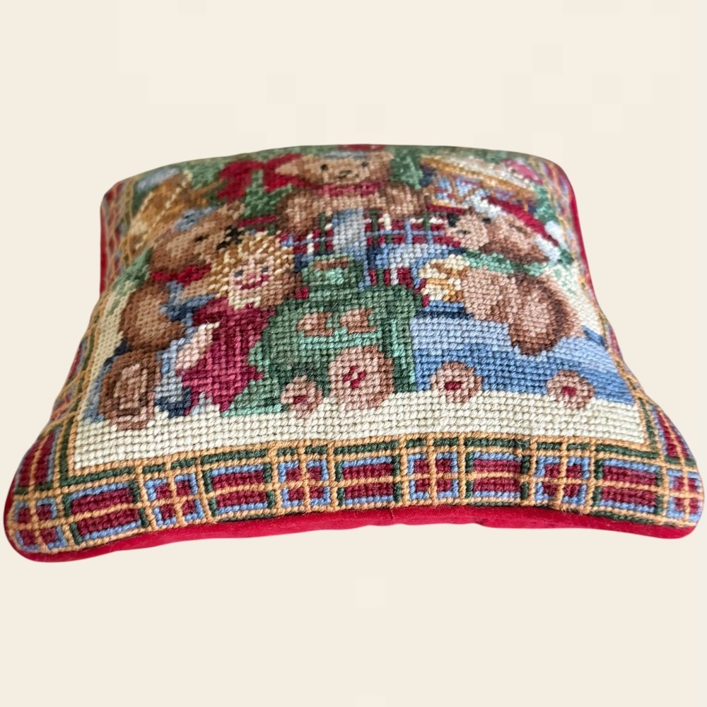 Vintage Christmas Needlepoint Teddy Bear Throw Pillow Red Velvet Plaid 9x9 - Picture 2 of 6